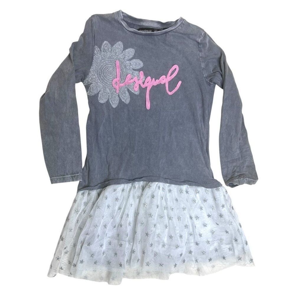 Desigual Girls Long Sleeve Dress Tunic Gray Pink Logo Tulle Skirt Size 3/4 (110)